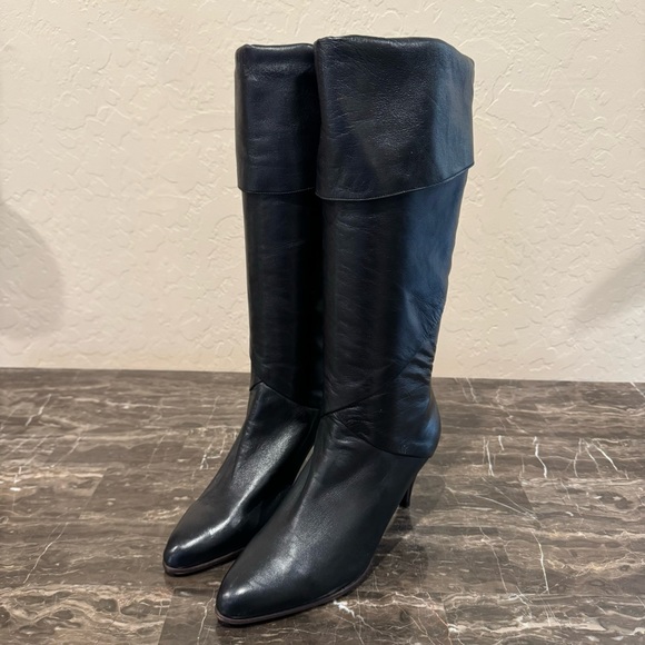 Vintage Joseph Black Leather 80s Style Fold Over Kitten Heel Boots - Picture 10 of 10